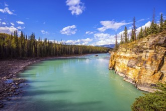 Athabasca River in the Rocky Mountains of Canada. Magnificent landscape in Jasper Park. Indian