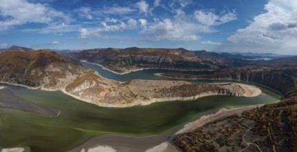 A panorama drone view of the Kardzhali reservoir and Arda River Bends in Bulgaria