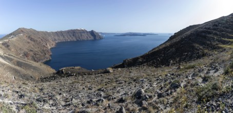 Landscape of the caldera, panoramic view, island of Santorini (Thira), Cyclades, Greek Islands,
