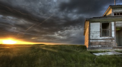 Sunset and durum wheat crop storm clouds