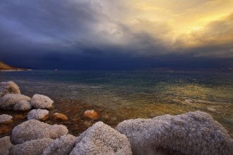 Coast of the Dead Sea in Israel in spring thunder-storm