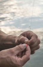 Man prepare rod for fishing. Mountain lake