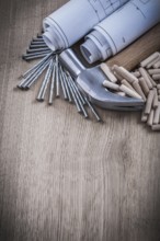 Set of construction plans claw hammer dowels and stainless nails