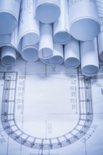 Variety of blueprint rolls construction concept