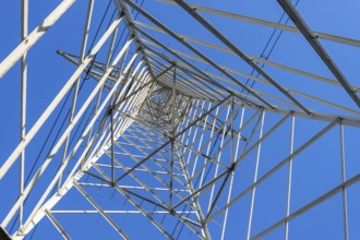 High Voltage Electricity Grid Pylon seen from below and blue sky