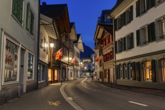 Night street view with traditional buildings and distant mountains, city, vilage, cityscapes,