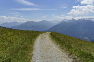 A winding mountain path leads through a green meadow with a mountain panorama in the background,