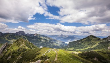 High angle panoramic view of the Julian alps in summer, as seen from passo Pramollo on the border