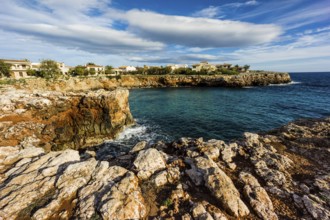 Cala Morlanda, coast with integrated houses by the sea, Manacor, Mallorca, Balearic Islands, Spain