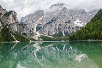 View of lake Braies, one of the most beautiful lakes of the Dolomites