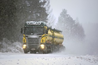 SALO, FINLAND, FEBRUARY 24, 2017: Colorful tank truck of Kuljetusliike K. Pekki transports goods
