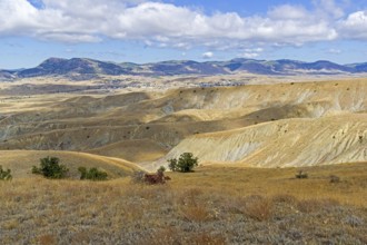 Clay ravines with traces of soil erosion and weathering at the foot of Cape Meganom. Crimea, a