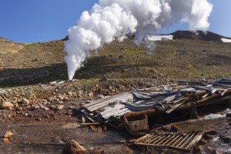 Emission of natural mineral thermal water, steam (steam-water mixture) from geological well in