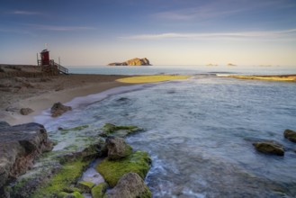 High key landscape view of the pictureque cove at Cala Comte on Ibiza Island
