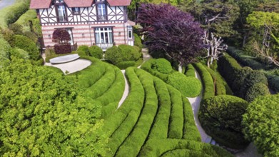 Etretat gardens, garden, village, Etretat, garden path, Normandy, Topiary, bush, house, distant,