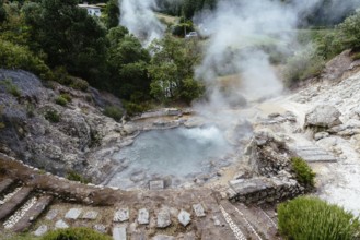 Volcanic hotsprings Of The Lake Furnas. Sao Miguel, Azores. Lagoa das Furnas Hotsprings. Steam