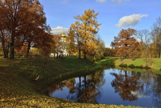 Autumn landscape with pond in Catherine garden, Pushkin, Russia
