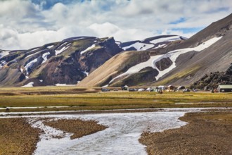 The picturesque valley in the national park Landmannalaugar, Iceland. Summer flood of meltwater