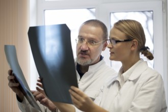 Senior and young doctors analyzing and dicussing the result of x-ray examination. They having two