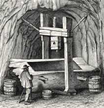 Historical illustration, press carved out of a tree trunk, 18th century