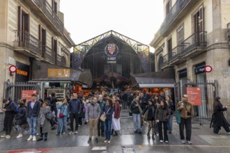Entrance to the famous public market hall Mercat de la Boqueria on Rambla Street, Barcelona,