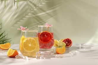 Royal cocktail of blood orange, lemon and lime, ice cubes, rum and tequila. Flyer with a glass of