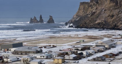 Vik I Myrdal village in Iceland covered in snow in spring