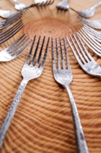 Series of different forks in a circle of pine board
