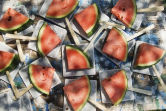 Presentation of a summer dish made up of slice of watermelon
