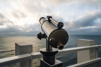 Telescope in the beach at sunset, focus on foreground