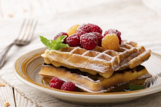 Belgian waffles served with raspberries and mint leaf dusted with powdered sugar on white wooden