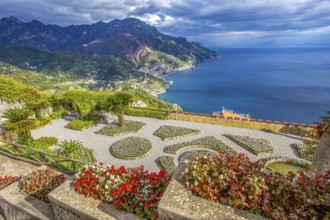 View of Villa Ruffalo and the Tyrrhenian Sea on the Amalfi Coast in the Campania region of southern