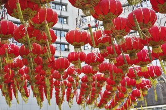 The traditional red lanterns decorating the Chinese city in New year