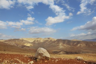Gorgeous clear day in the Judean desert. Huge boulders along the roads, clear skies
