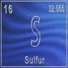 Sulfur chemical element, Sign with atomic number and atomic weight, Periodic Table Element