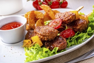 Meatballs skewers of tomato, paprika and baked potato quarters