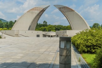 Cheonan, South Korea, August 8, 2019: Reunification Monument housing bronze bell under dome