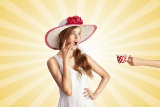 Creative vintage photo of a shocked pin up girl being treated with polka dot cup of hot tea or