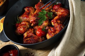 Savoury chicken wings in honey with potato wedges