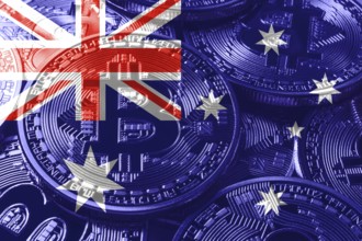 Australia bitcoin flag, national flag cryptocurrency concept black background