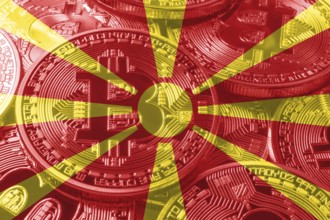 North Macedonia bitcoin flag, national flag cryptocurrency concept black background