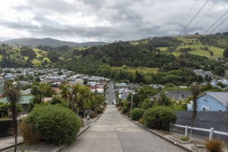 Famous Baldwin street in Dunedin, the steepest street in the world, South Island of New Zealand