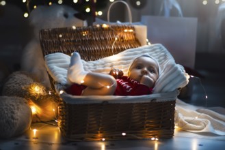 A cute newborn baby in xmas clothes sleeping in a basket on the floor against a Christmas