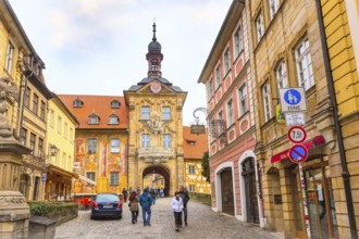 Bamberg, Germany, February 19, 2017: Icon of Bamberg Obere bridge or brucke and Altes Rathaus town