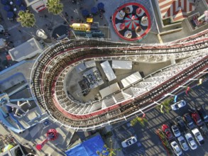 Aerial view of iconic Giant Dipper roller coaster in Belmont Park, an amusement park built in 1925