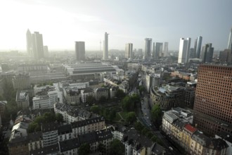 View over the railway station district, behind it the skyline of the banking district, Frankfurt am