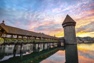 Lucerne sunrise city skyline at Chapel Bridge, Lucerne (Luzern) Switzerland