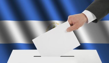 The Nicaragua flag and the hand with the bulletin about the ballot box