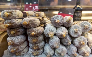 Dried salami sausages. Traditional Bulgarian dried flat salami