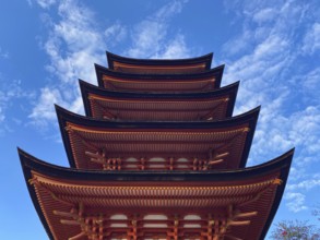 View of famous Itsukushima shrine on Miyajima island in Hatsukaichi, Hiroshima, Japan